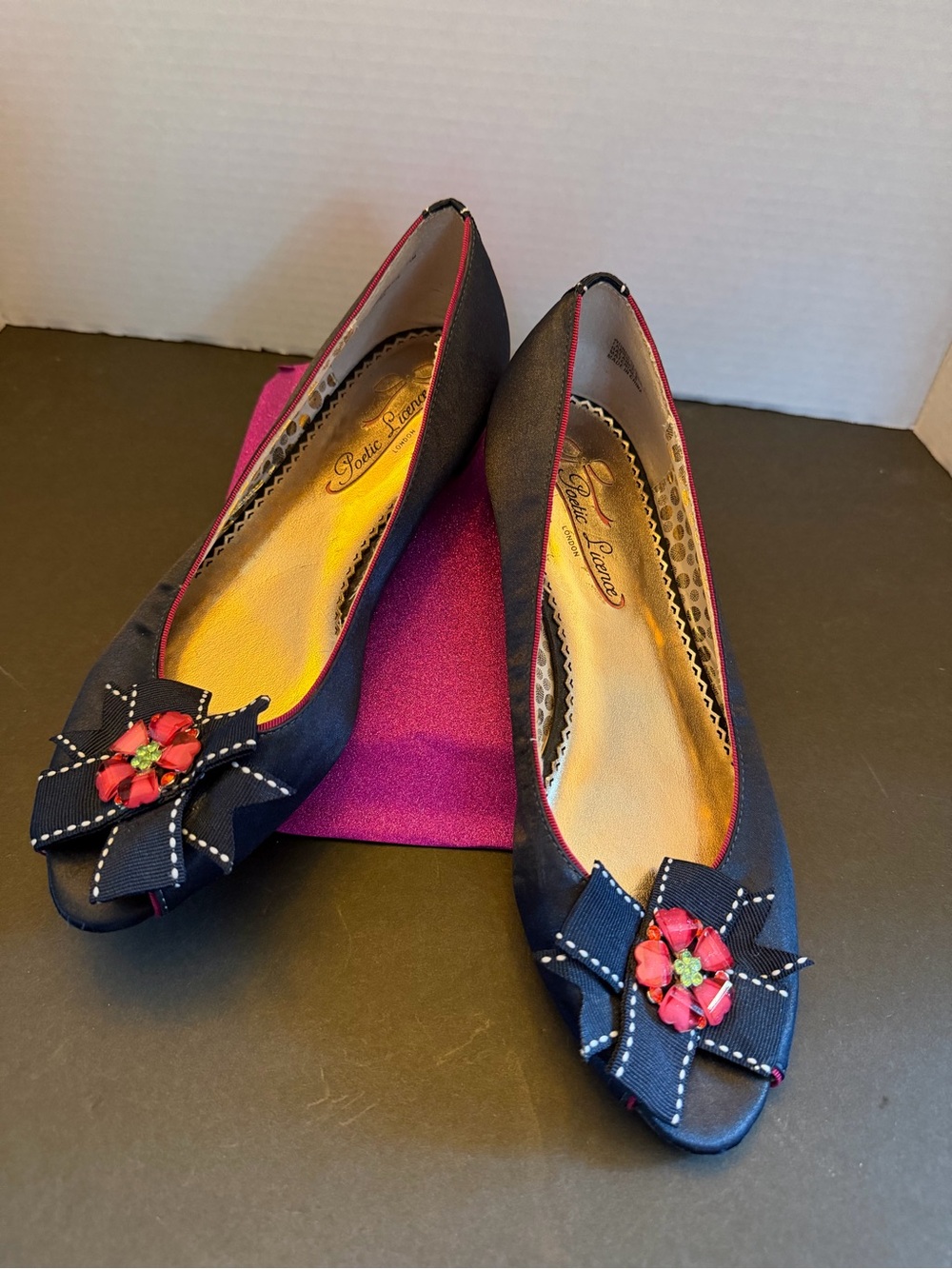Poetic License Navy Flats with Pink Floral Bow